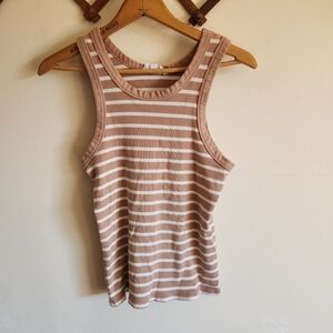 Double Zero Buckle Ribbed Tan White Striped Tank Top Stretch Cotton Medium